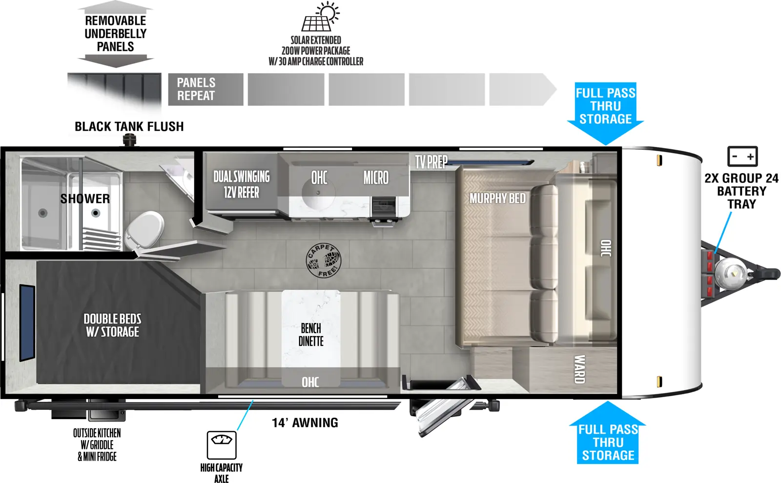 The 179DBK has one entry and zero slideouts. Exterior features front pass-through storage, 2x group 24 battery tray, outside kitchen, high capacity axle, and 14 foot awning. Interior layout front to back: murphy bed sofa with overhead cabinet and door-side wardrobe and off-door side TV location; off-door side kitchen counter with cooktop, microwave, overhead cabinet, sink, and dual swinging 12 volt refrigerator; door side entry, and dinette with overhead cabinet; rear off-door side full bathroom; rear door side double bunk beds with storage and privacy curtain.